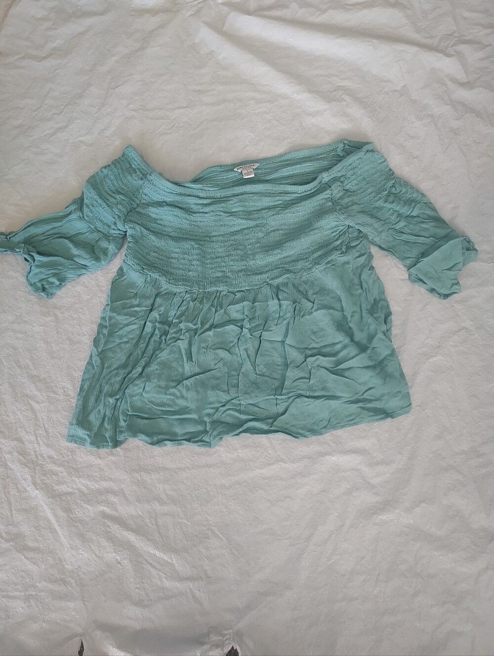 Arizona Jean Company Off-Shoulder Smocked Blouse in Seafoam